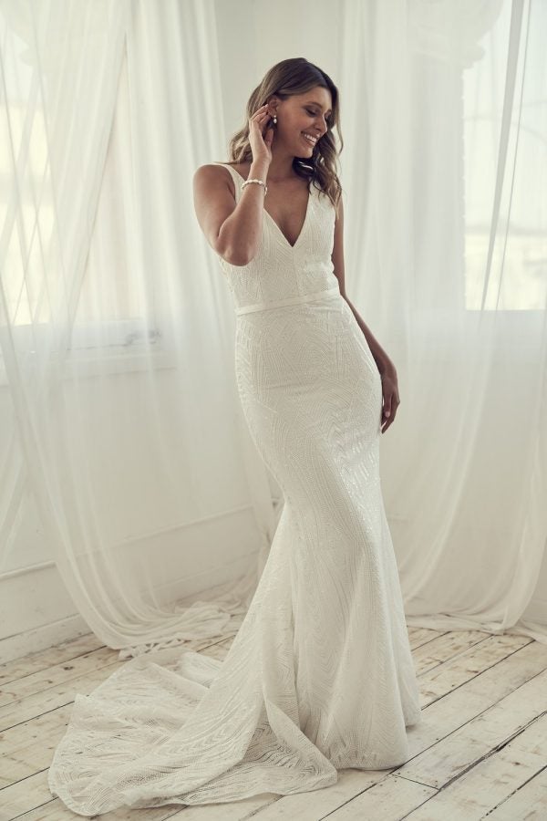 Beaded Sheath Wedding Dress With V-neckline And Open Back by Anna Campbell - Image 1