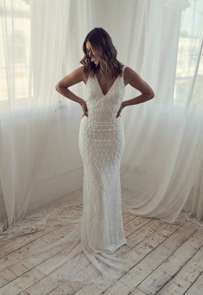 Beaded Sleeveless Sheath Wedding Dress With Open Back by Anna Campbell