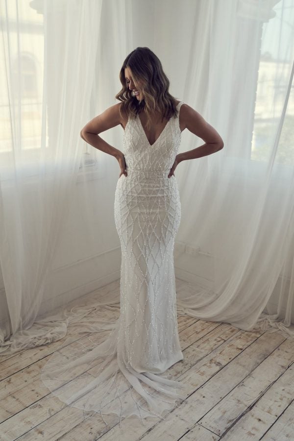 Beaded Sleeveless Sheath Wedding Dress With Open Back by Anna Campbell - Image 1