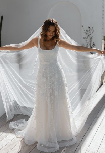 Sleeveless A-line Wedding Dress With Floral Embroidered Tulle by Anna Campbell