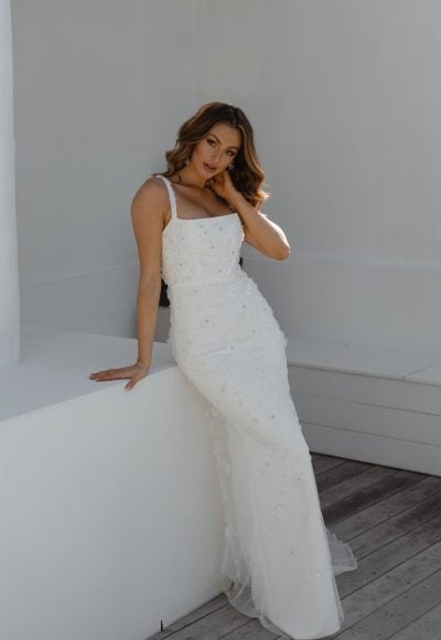Sleeveless Sheath Wedding Dress With Straight Neckline And 3D Floral Embellishment by Anna Campbell