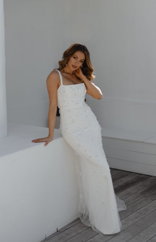 Sleeveless Sheath Wedding Dress With Straight Neckline And 3D Floral Embellishment by Anna Campbell - Image 1
