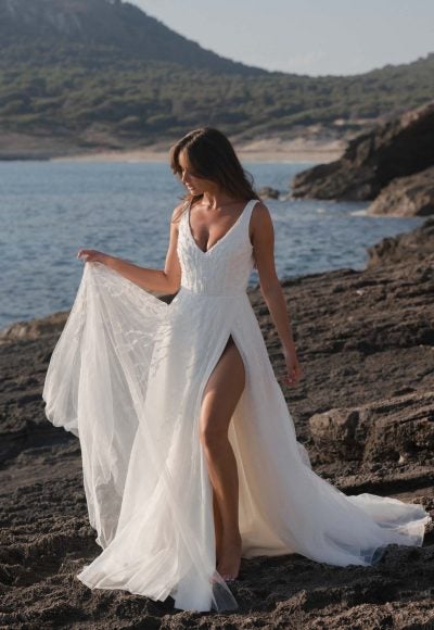 V-neck A-line Wedding Dress With Beaded Embroidery And Front Slit by Anna Campbell