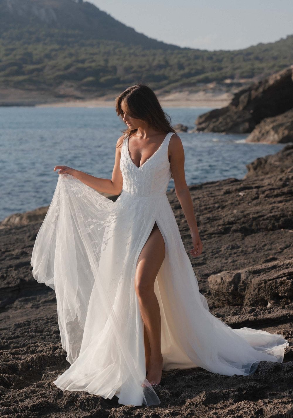 V-neck A-line Wedding Dress With Beaded Embroidery And Front Slit