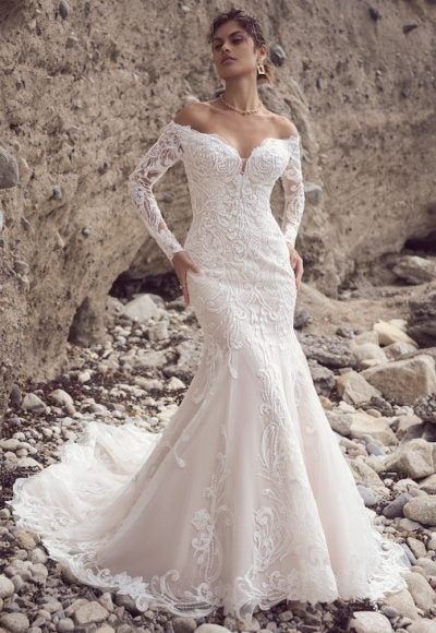 Off The Shoulder Long Sleeve Lace Fit And Flare Wedding Dress by Maggie Sottero
