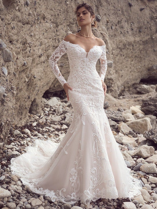 Off The Shoulder Long Sleeve Lace Fit And Flare Wedding Dress ...