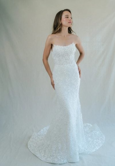 Strapless Fit And Flare Wedding Dress With 3D Petal Embroidery by Anne Barge