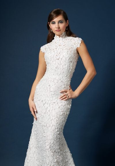 Lace Petal Fit And Flare Wedding Dress With Cap Sleeves And High Neckline by Lazaro