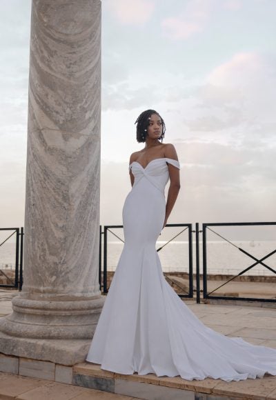 Off The Shoulder Fit And Flare Wedding Dress With Open Back by Love by Pnina Tornai