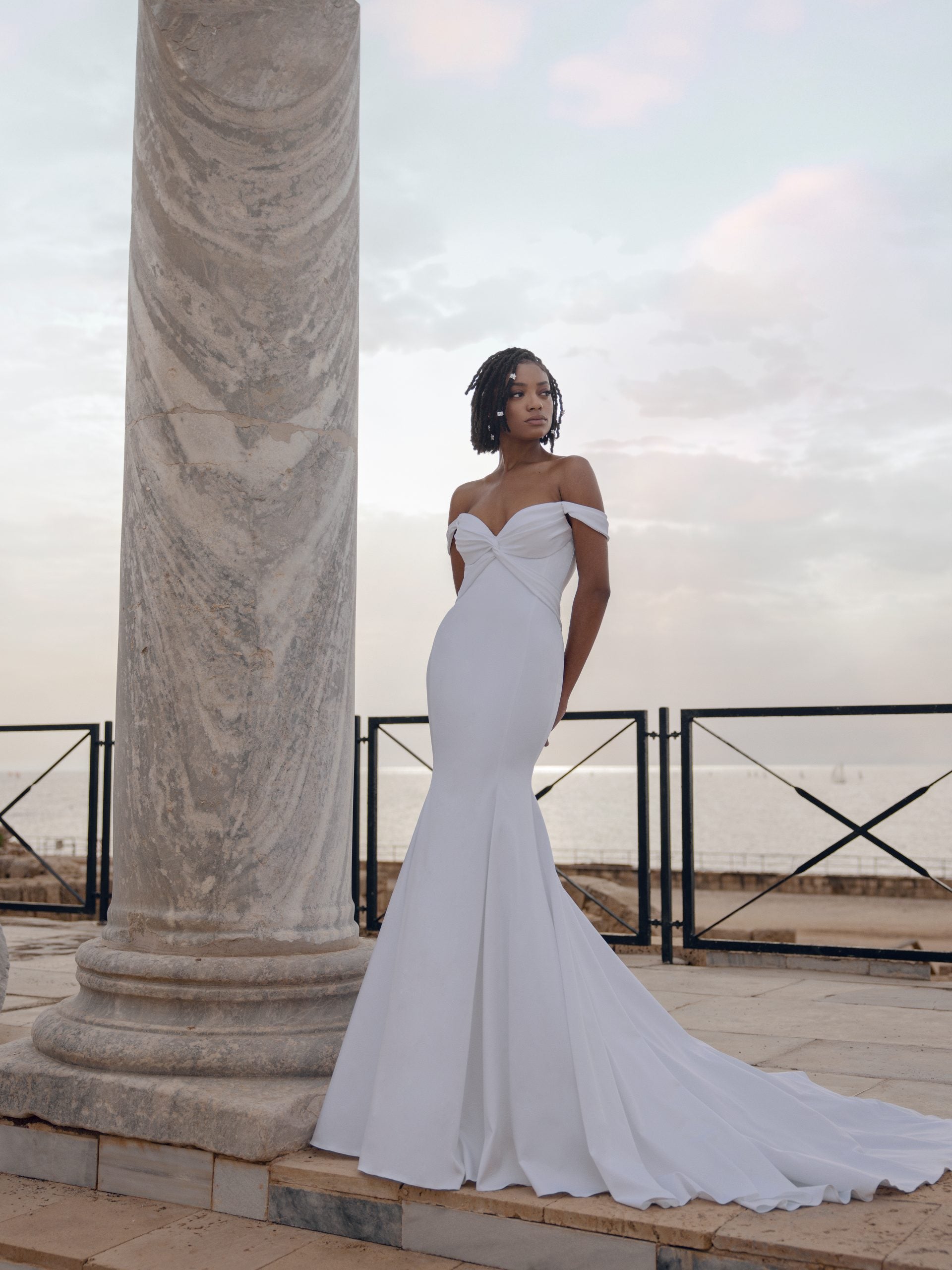Off The Shoulder Fit And Flare Wedding Dress With Open Back by Love by Pnina Tornai