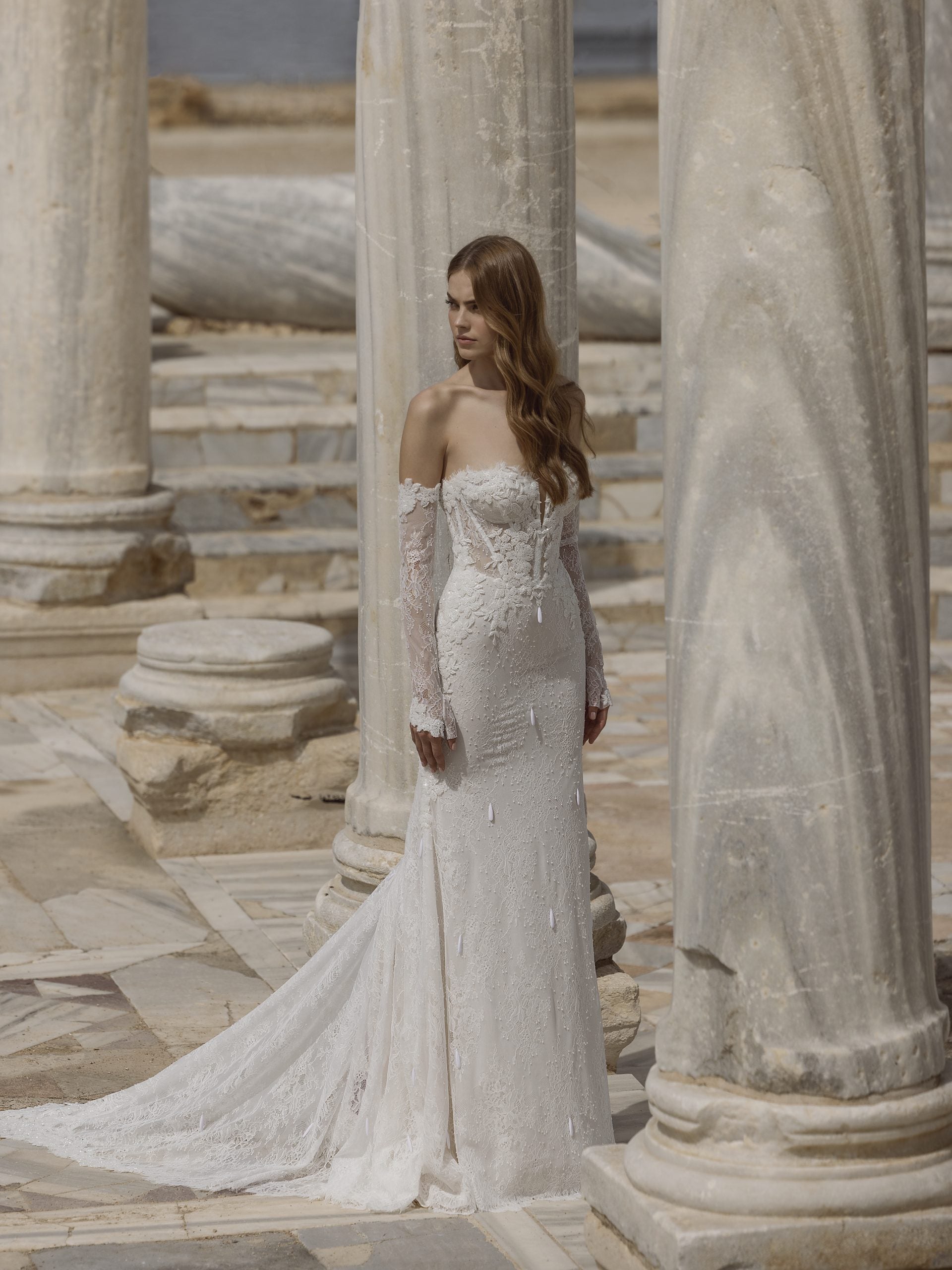 Strapless Lace Fit And Flare Wedding Dress With Detachable Long Sleeves by Love by Pnina Tornai