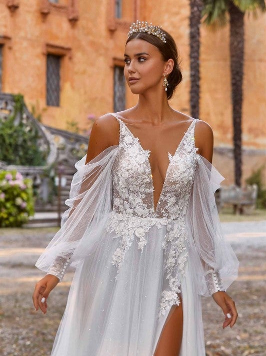 Long Puff Sleeve Vneckline Lace Ball Gown Wedding Dress  Kleinfeld Bridal