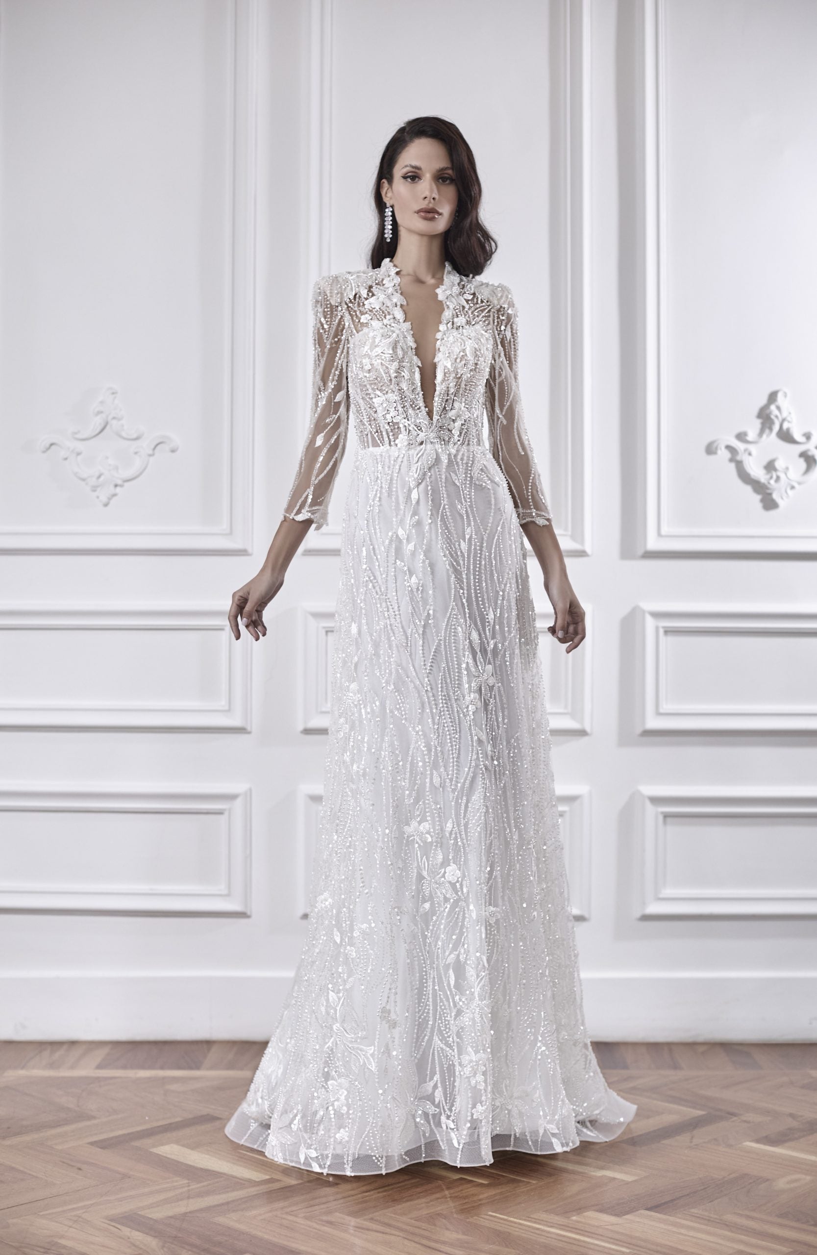 Beaded A-line Wedding Dress With Deep V-neckline And Illusion Long Sleeves by Maison Signore