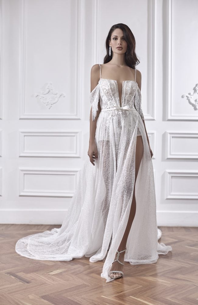 Lace A-line Wedding Dress With Deep V-neckline And High Slit ...