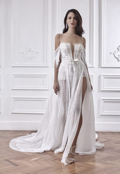 Lace A-line Wedding Dress With Deep V-neckline And High Slit by Maison Signore