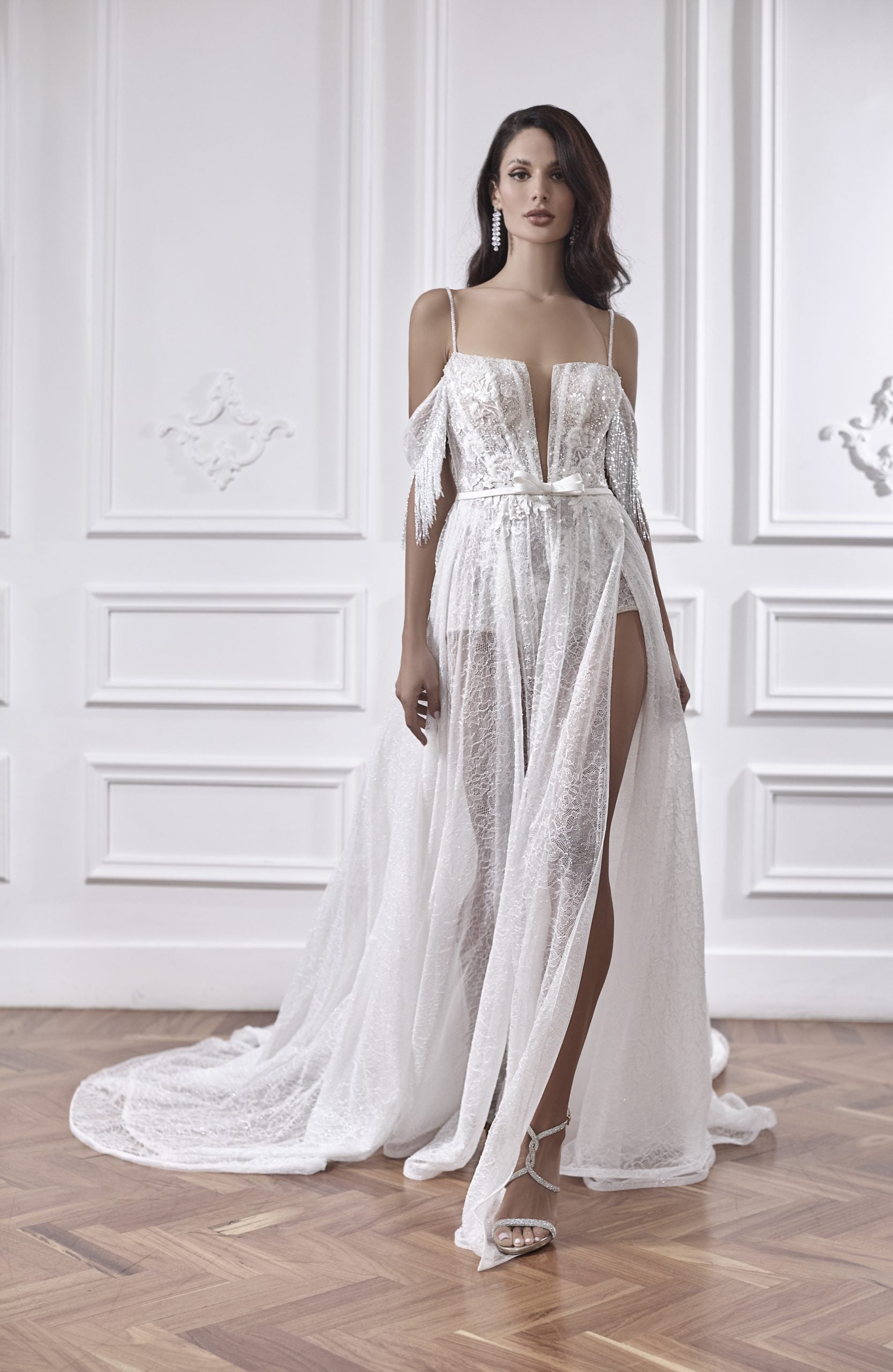 Lace A-line Wedding Dress With Deep V-neckline And High Slit by Maison Signore - Image 1