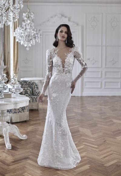 Long Sleeve Fit And Flare Wedding Dress With 3D Florals by Maison Signore