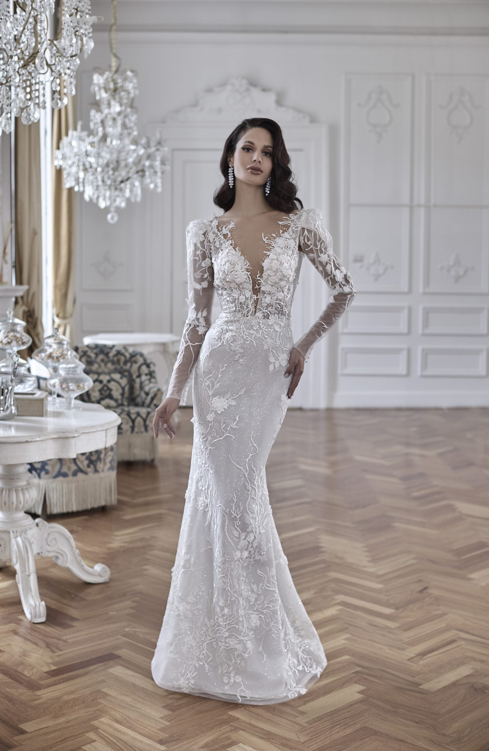 Deep V Neckline, Wedding Dress Illusion Lace Long Sleeves