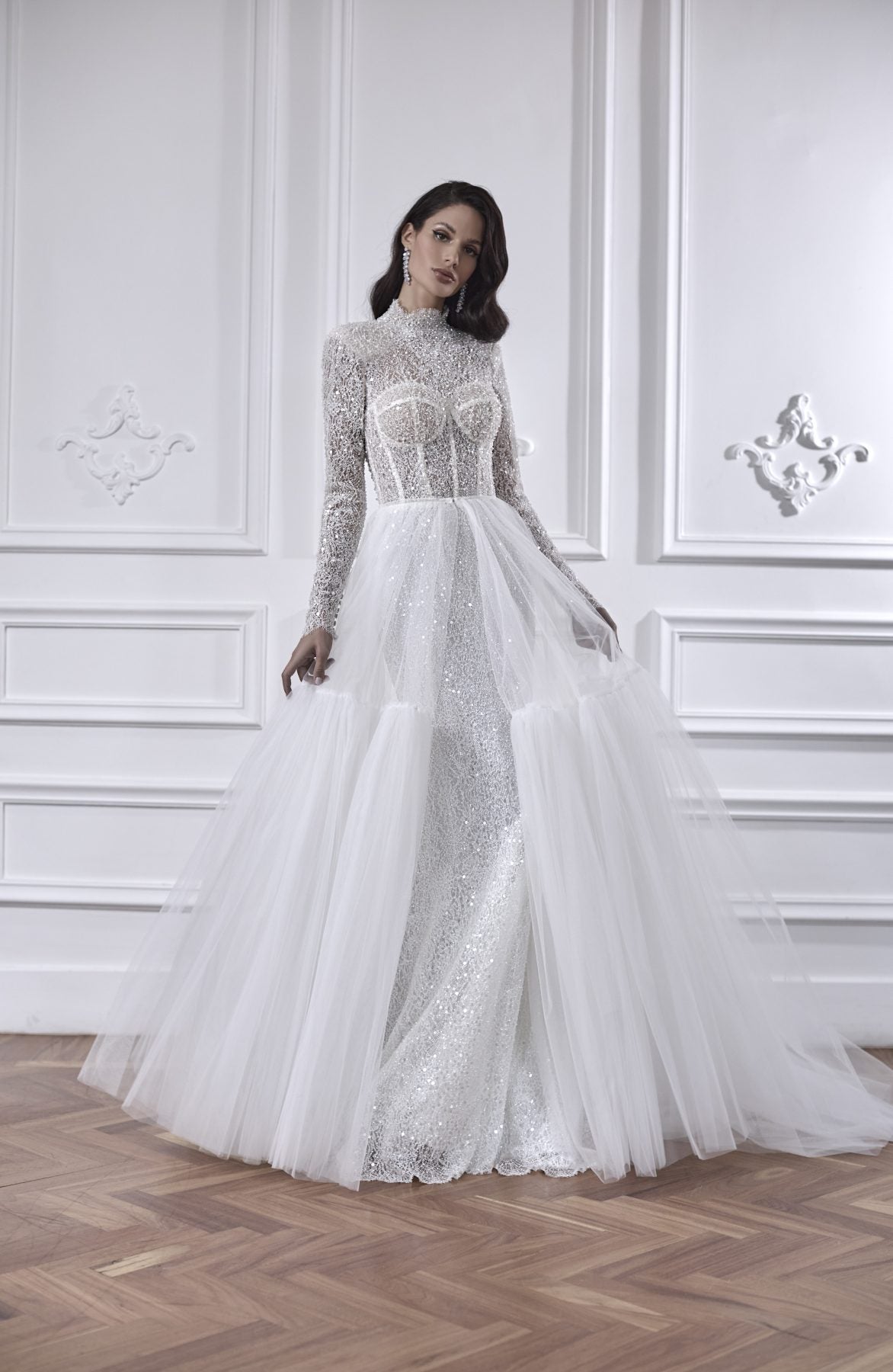Long Sleeve Fit And Flare Wedding Dress With Detachable Overskirt Kleinfeld Bridal