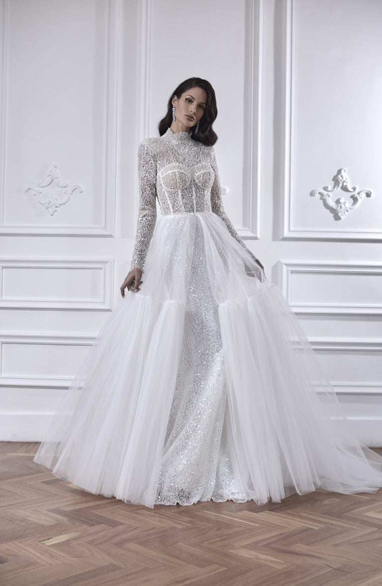 Long Sleeve Fit And Flare Wedding Dress With Detachable Overskirt ...