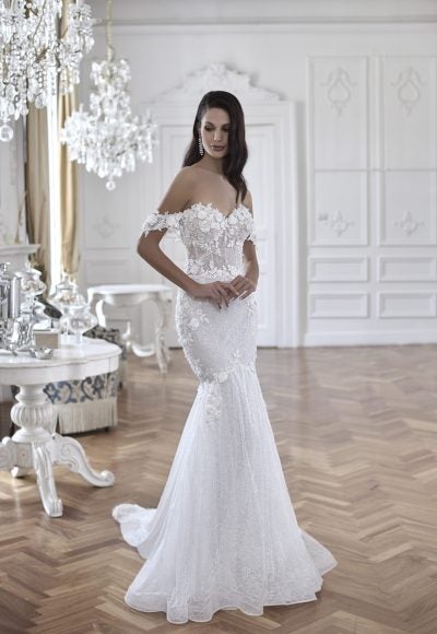Off The Shoulder Fit And Flare Wedding Dress With 3D Floral Embroidery by Maison Signore