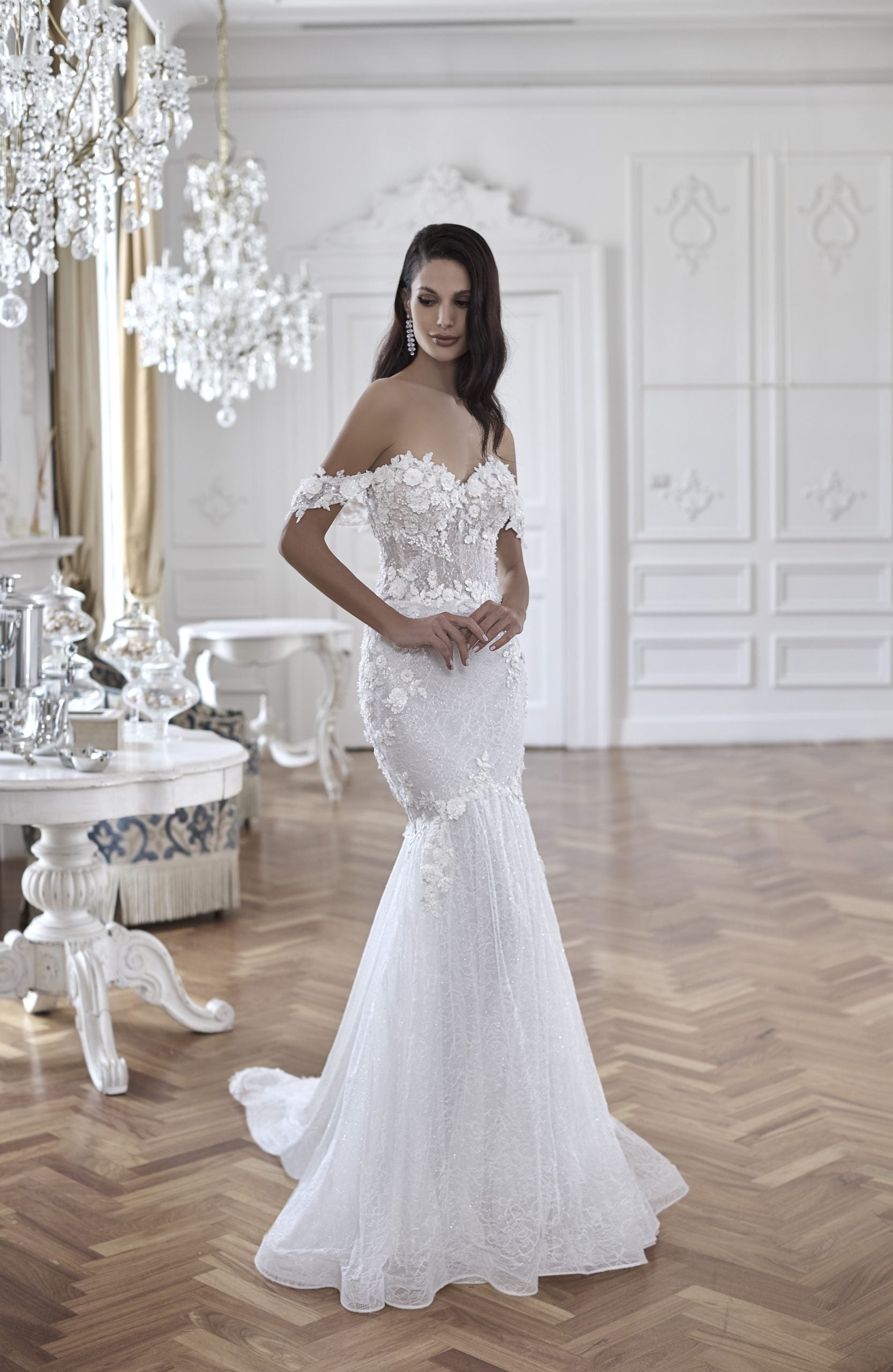 Off The Shoulder Fit And Flare Wedding Dress With 3D Floral Embroidery by Maison Signore - Image 1