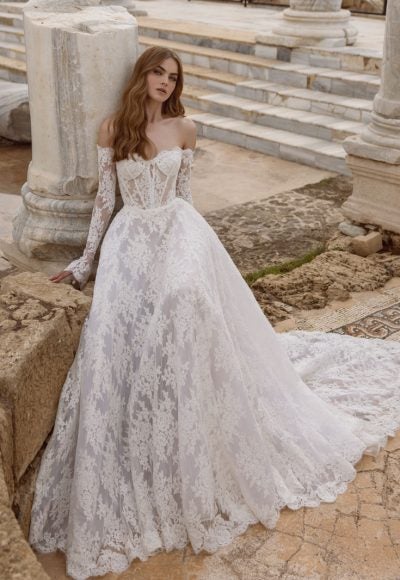 Plus-Size Romantic Off-the-Shoulder Long Sleeve Lace A-Line Gown by Love by Pnina Tornai - Image 3