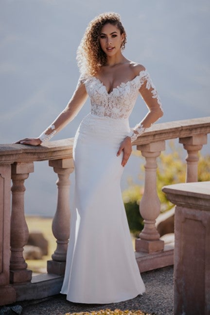Long Sleeve Fit And Flare Wedding Dress With Lace Bodice by Allure Bridals - Image 1
