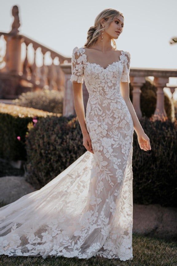 Short Sleeve Lace Fit And Flare Wedding Dress With Open Back by Allure Bridals - Image 1