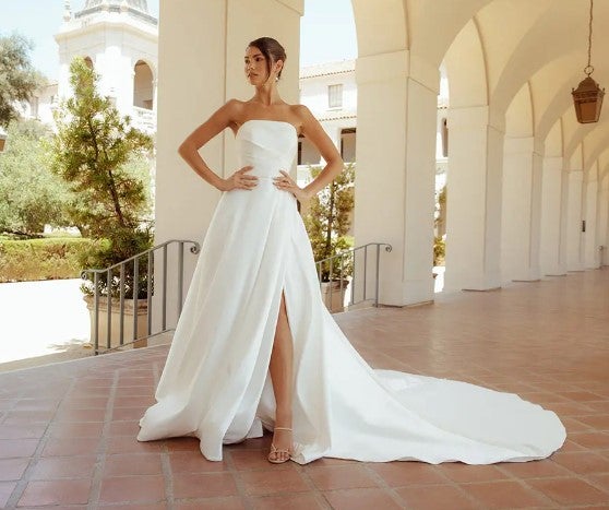 Off The Shoulder A-line Wedding Dress With High Front Slit by Essense of Australia - Image 1