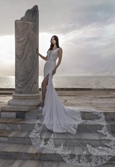 Sleeveless Fit And Flare Wedding Dress With Lace Train by Love by Pnina Tornai