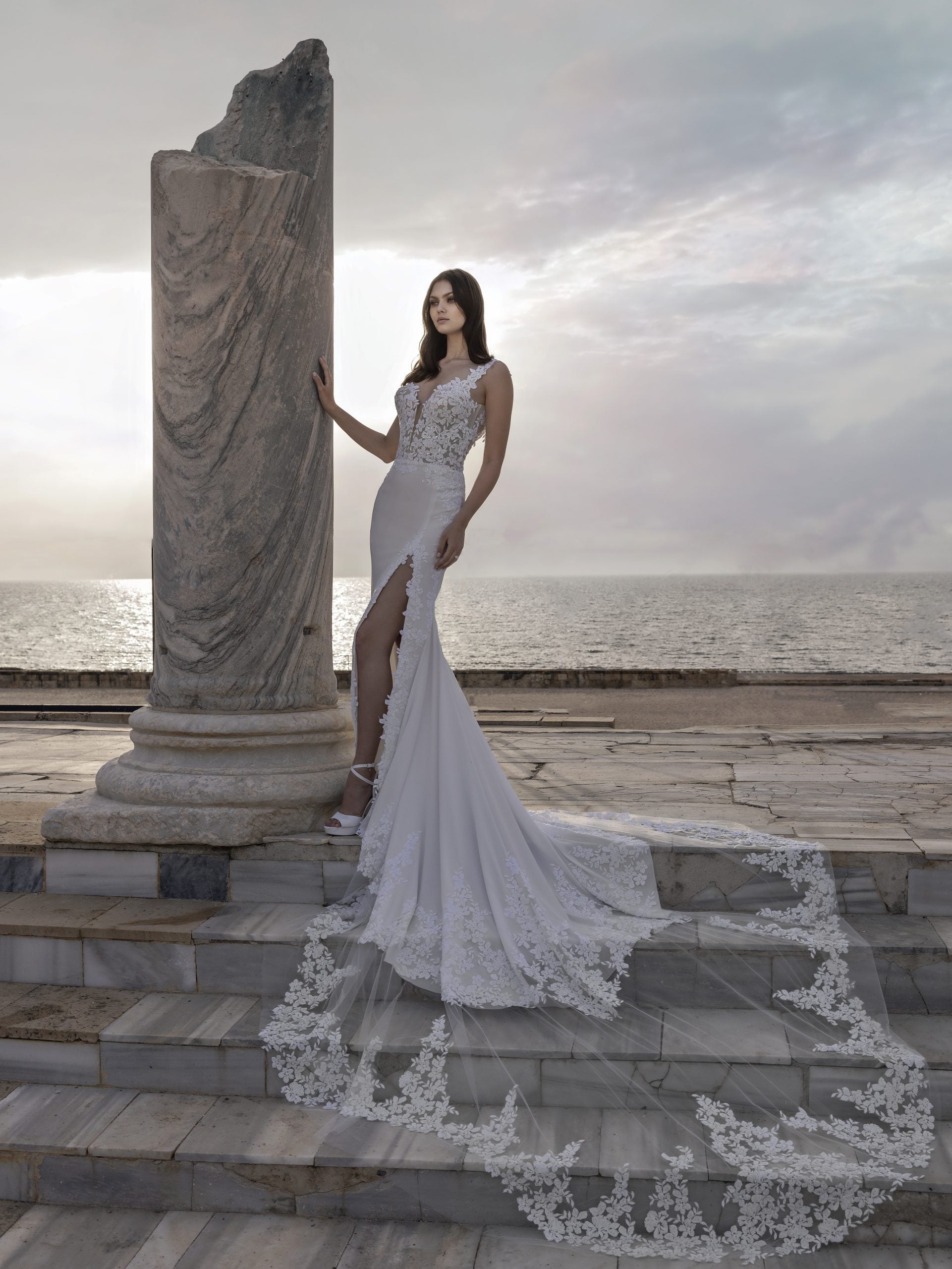 Sleeveless Fit And Flare Wedding Dress With Lace Train by Love by Pnina Tornai