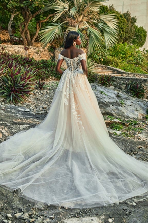 Off The Shoulder Ball Gown Wedding Dress With Tulle Skirt by Madison James - Image 2