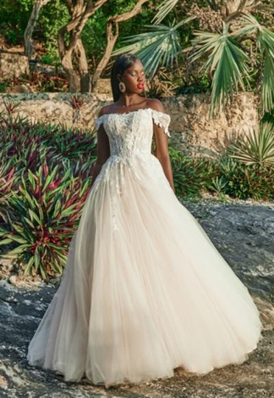 Off The Shoulder Ball Gown Wedding Dress With Tulle Skirt by Madison James