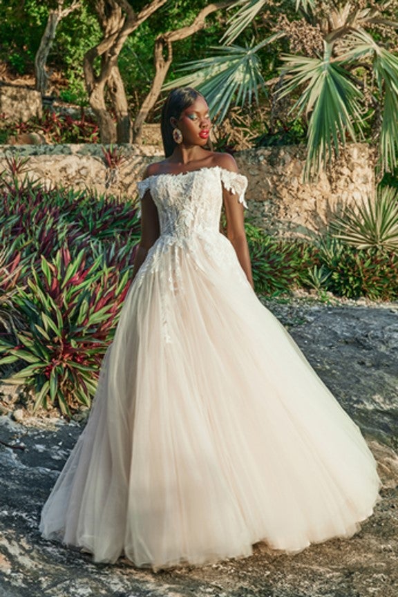 Off The Shoulder Ball Gown Wedding Dress With Tulle Skirt by Madison James