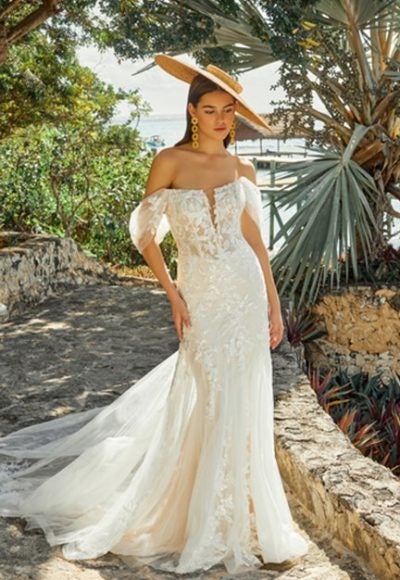 Off The Shoulder Lace Fit And Flare Wedding Dress by Madison James