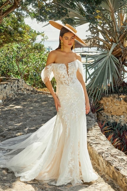 Off The Shoulder Lace Fit And Flare Wedding Dress by Madison James
