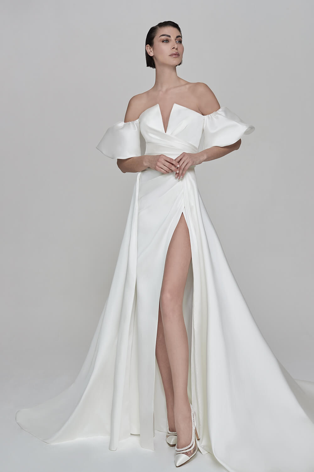 Off Shoulder Fit And Flare Wedding Dress by Maison Signore