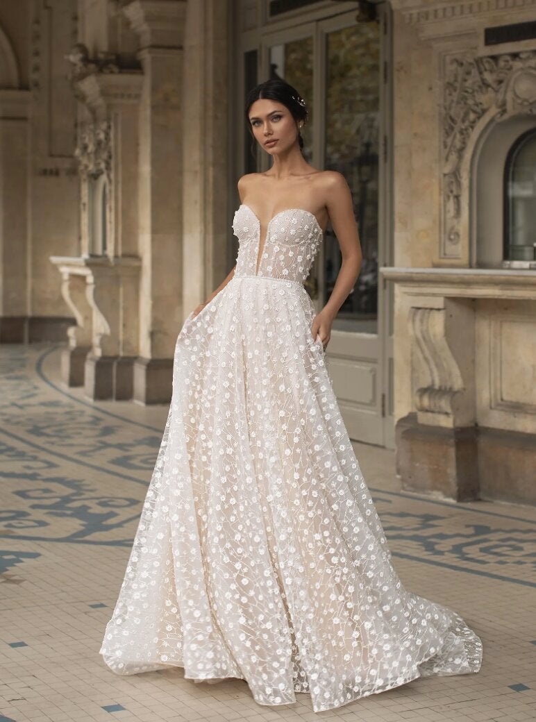 Straplesss Sweetheart Neckline Embroidered A-line Wedding Dress by Pronovias