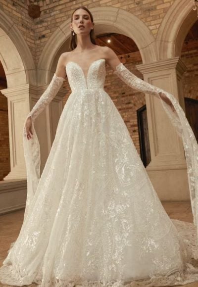 Strapless Beaded Lace Ball Gown Wedding Dress by Rivini