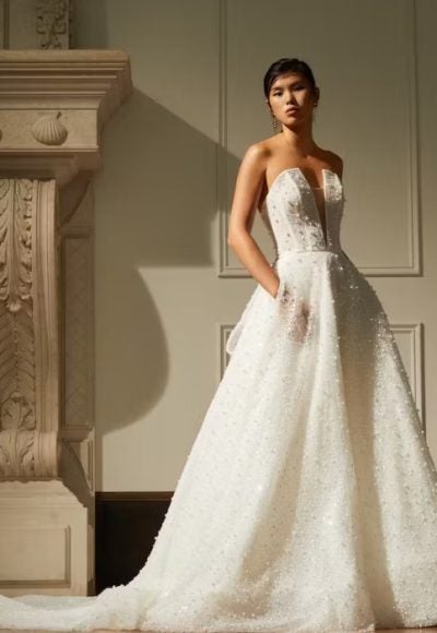 Strapless Pearl Lace Ball Gown Wedding Dress With Back Bow by Rivini