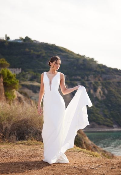 Sleeveless Fit And Flare Wedding Dress With Plunging V-neckline by Essense of Australia