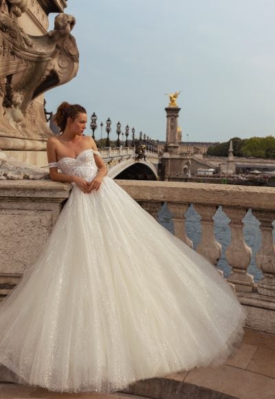 Off The Shoulder Beaded Ball Gown Wedding Dress by Nicole + Felicia