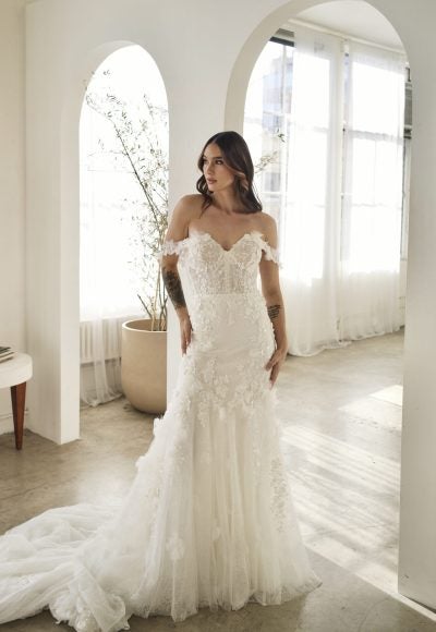 Off The Shoulder Sparkle Lace Fit And Flare Wedding Dress With Back Details by Martina Liana