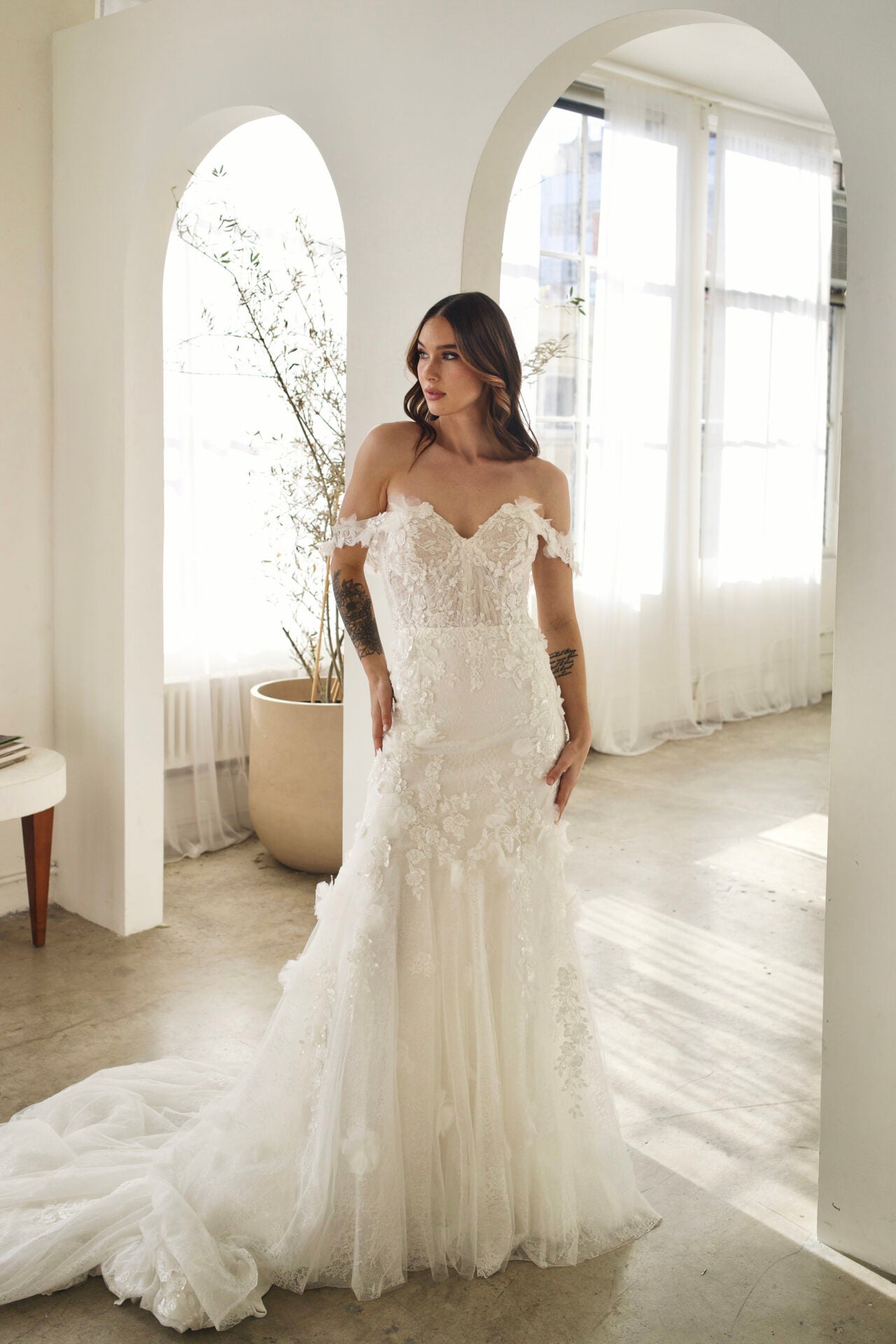 Off The Shoulder Sparkle Lace Fit And Flare Wedding Dress With Back Details by Martina Liana
