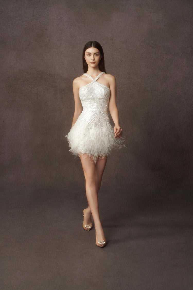 Beaded Mini Dress With Feather Skirt by Nicole + Felicia