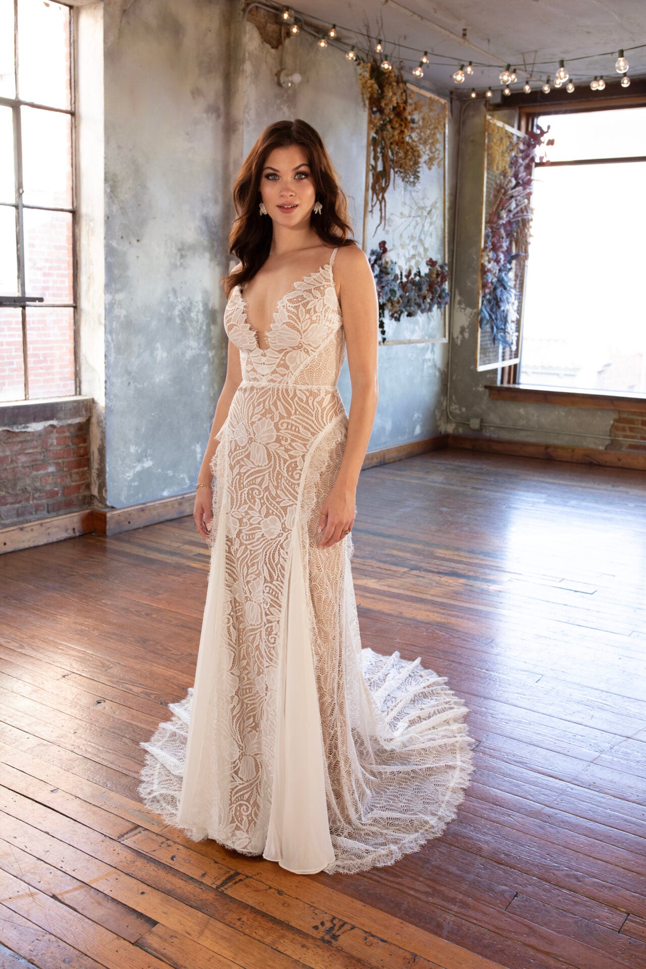 Lace Fit And Flare Wedding Dress With Deep V-neckline by All Who Wander