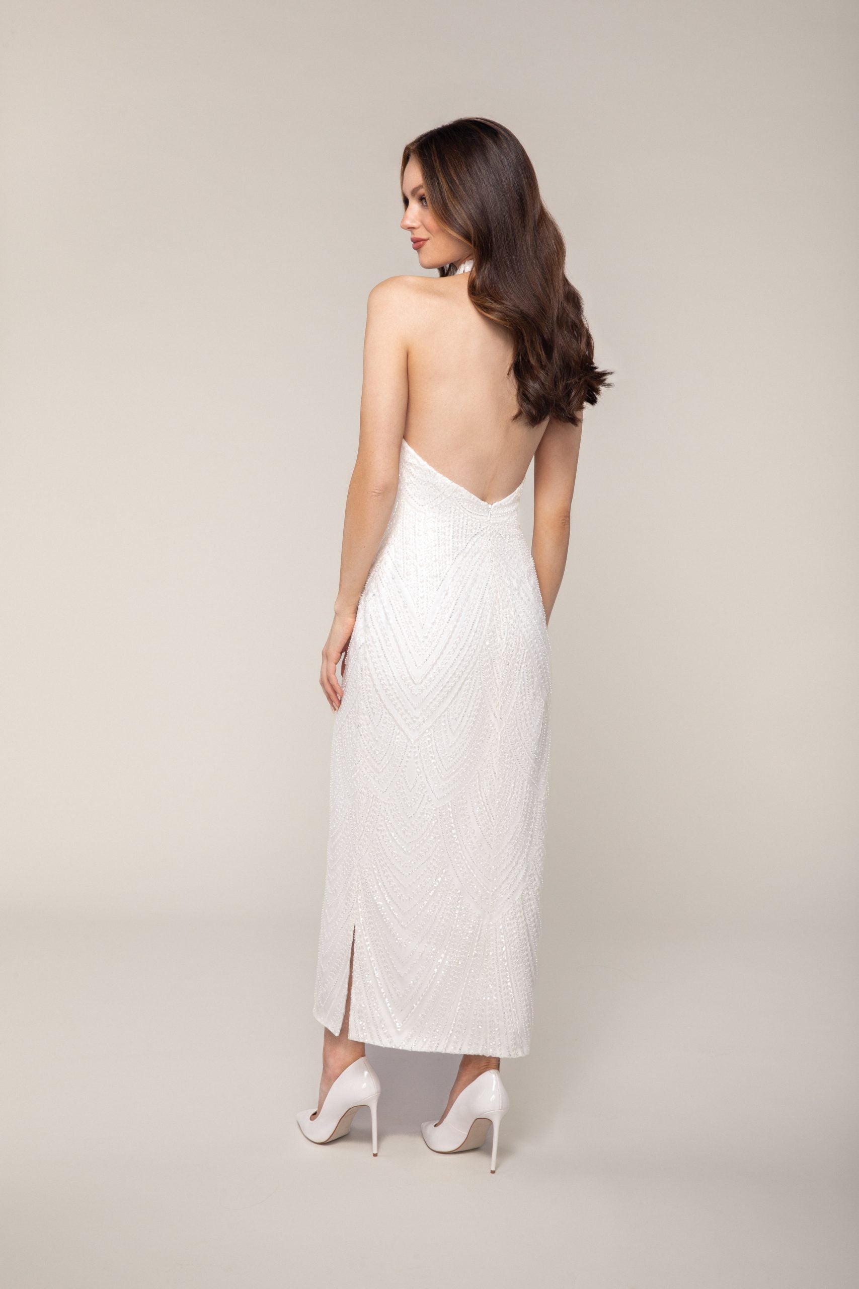 Halter Tea Length Dress Of Sequined Embroidery With Low Back by Anne Barge - Image 2