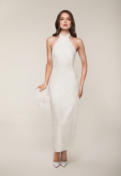 Halter Tea Length Dress Of Sequined Embroidery With Low Back by Anne Barge