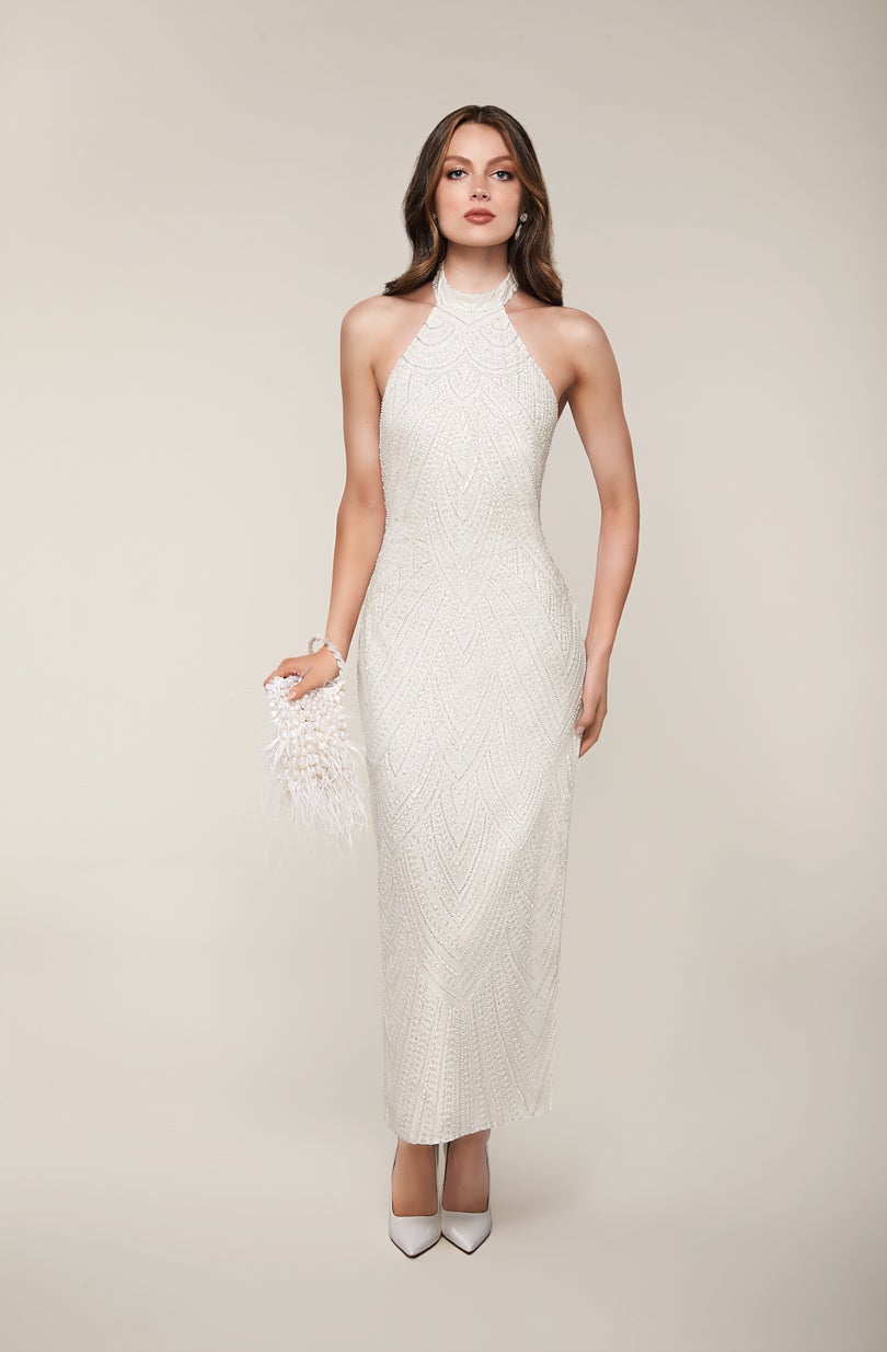 Halter Tea Length Dress Of Sequined Embroidery With Low Back by Anne Barge
